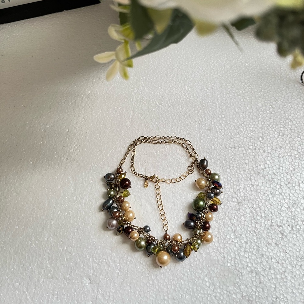 Premier Designs Multi Color Faux Pearls, Beaded Gold Tone Necklace Signed